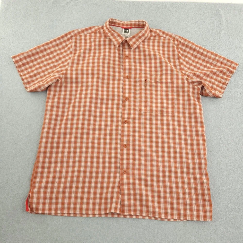 The North Face Shirt Mens XL Orange Plaid Short Sleeve Button Up Outdoor Hiking